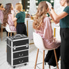 Aluminum Rolling Makeup Case, Portable Professional Cosmetic Makeup Case, Lockable Traveling Cart Trunk with Folding Trays, Swivel Wheels and Keys, Black