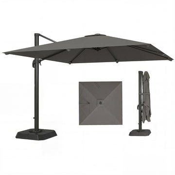10 FT Patio Umbrella with Base, Outdoor Offset Cantilever Umbrella with Crank Handle and Tilt, 360° Rotation