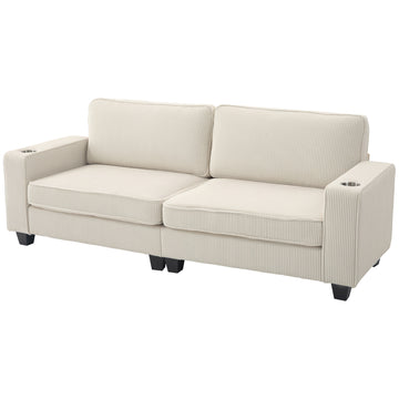 Three Seater Sofa, Fabric 3 Seater Couch with Spring Cushion and Cup Holders for Living Room, Bedroom