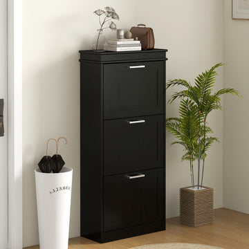 Slim Shoe Cabinet with 3 Flip Drawers and Adjustable Shelves, Narrow Shoe Cabinet for 15 Pairs of Shoes, Black