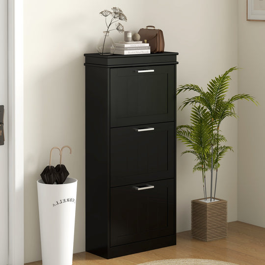 Slim Shoe Cabinet with 3 Flip Drawers and Adjustable Shelves, Narrow Shoe Cabinet for 15 Pairs of Shoes, Black
