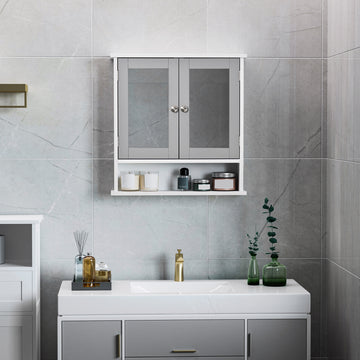 Medicine Cabinet, Wall-Mounted Bathroom Mirror Cabinet with Double Doors, Open Shelf, and Adjustable Shelf, Modern Bathroom Wall Cabinet, White and Grey