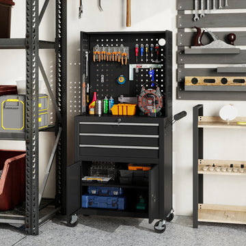 Rolling Tool Cabinet with Pegboard, Lockable Tool Chest, Mobile Tool Storage Organizer for Garage and Workshop, Black