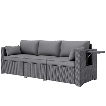 3 Seater Wicker Patio Sofa with Side Trays, Outdoor Couch with 6