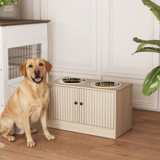 Raised Dog Bowls with Storage, Slow Feeder, 2 Stainless Steel Food and Water Bowl Non-Slip, Oak