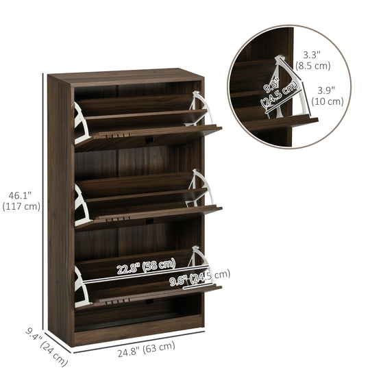 Shoe Storage Cabinet Organizer for 18 Pairs of Shoes with 3 Flip Drawers and Adjustable Shelves, Dark Walnut