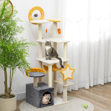 Star and Moon Themed Cat Tree with Cat Scratching Posts, Cat Condo, Bed, Scratching Board, Cat Toys, Beige