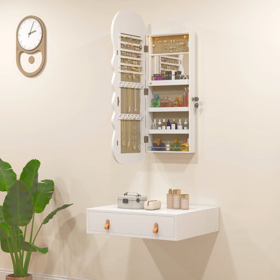 Jewelry Armoire Cabinet with Lights, Wall Mounted or Door Hanging Mirror Jewelry Cabinet with Full Length Mirror, White