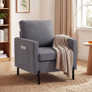 Accent Chair Modern Upholstered Armchair with Side Pockets and Cushion for Bedroom, Living Room, Dark Grey