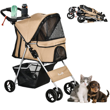 Pet Stroller Foldable Carrier for Cat, Dog and More 4 Wheels Travel Jogger with Cup Holder, Storage Basket, 360 ° swiveling front wheels, Easy Fold, Coffee