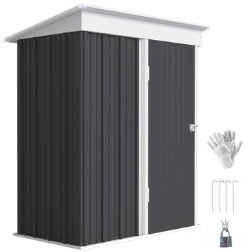 Outdoor Storage Shed, Steel Lean-to Shed with Adjustable Shelf, Lock, Gloves, 5'x3'x6', Dark Grey