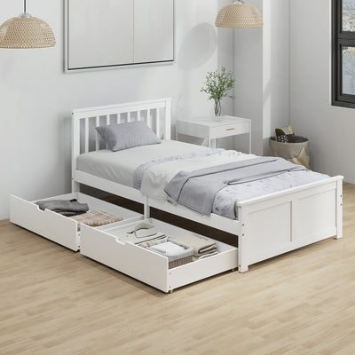 Pine Twin Bed Frame, Wood Storage Bed Frame with Drawers, Wood Slat Support, No Box Spring Needed, Easy Assembly, White