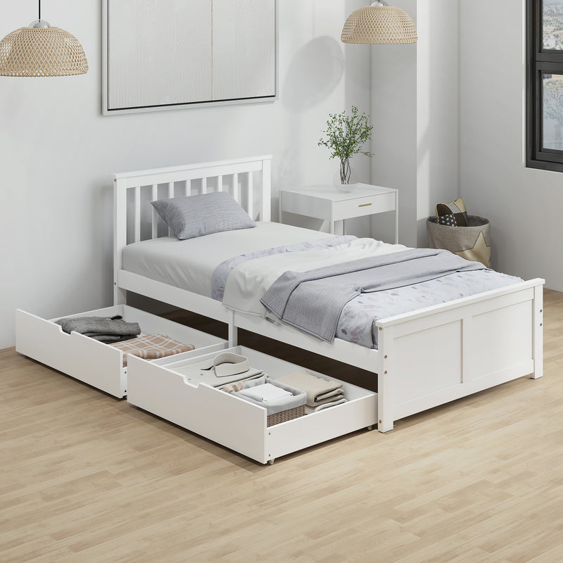 Pine Twin Bed Frame, Wood Storage Bed Frame with Drawers, Wood Slat Support, No Box Spring Needed, Easy Assembly, White