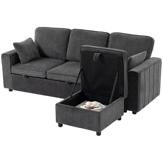 Modular Sectional Sofa Bed with Reversible Storage Ottoman, Pull Out Sleeper Sofa with Spring Cushion, Dark Grey