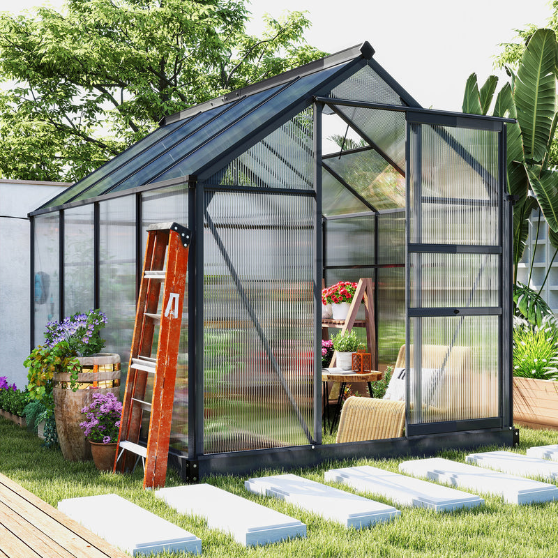 6' x 10' x 6.6' Polycarbonate Greenhouse, Walk-In Green House Kit Garden, Plants Grow, Galvanized Sheet Aluminum Frame with Rain Gutter, Vents and Sliding Door, Grey