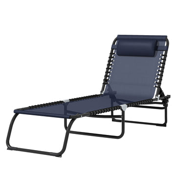 Folding Lounge Chair, Adjustable Chaise Lounge with Headrest, Reclining Lounger Cot for Camping, Hiking, Dark Blue
