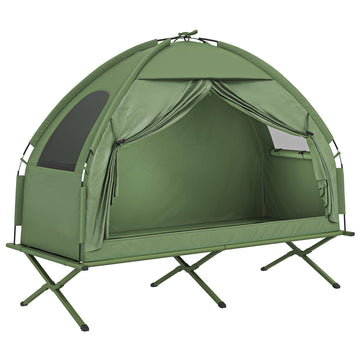 Compact Pop Up Portable Folding Outdoor Elevated Camping Cot Tent Combo Set Dark Green