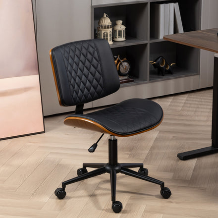 Chaise de bureau sans bras à roulettes, chaise de bureau en cuir PU avec hauteur réglable, roulettes pivotantes pour le bureau, noire