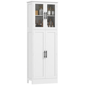 Tall Bathroom Cabinet with Glass Doors, Space-Saving Unit with Adjustable Shelves, Freestanding Storage, White