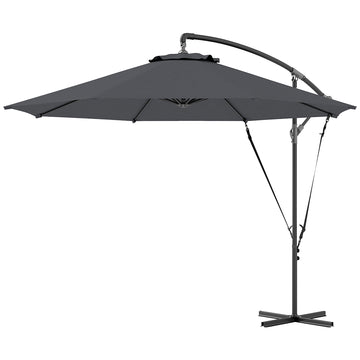 9.5' Cantilever Umbrella with Wind Protection Strap and Cover, Hanging Umbrella with Crank and Cross Base, UPF 50+, Grey