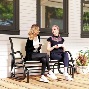 Outdoor Glider Bench, 2 Person Patio Glider Chair, Gliding Outdoor Garden Loveseat Swing Bench with Breathable Mesh Fabric, Steel Frame for Backyard, Porch, Cream White
