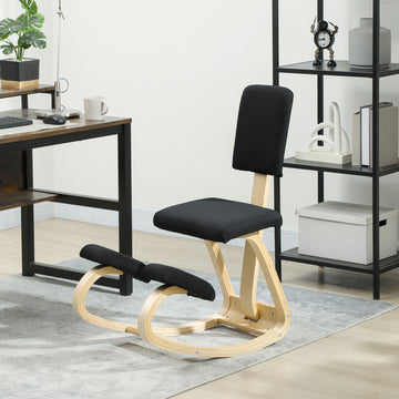 Ergonomic Kneeling Chair, Rocking Wood Kneel Stool with Backrest for Improve Posture, Back Pain, Black