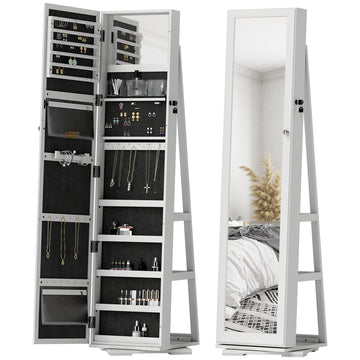 360° Swivel Jewelry Armoire, Lockable Mirror Jewelry Cabinet with Built-In Small Mirror, White