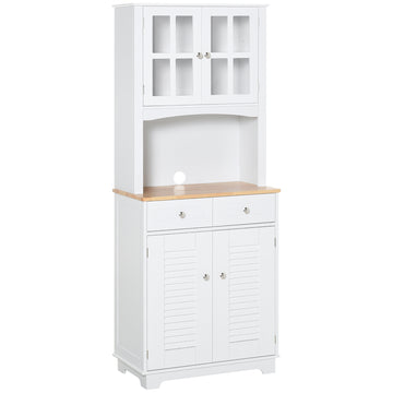 Coastal Style Kitchen Buffet and Hutch Wooden Storage Cupboard with Framed Glass Door LouveredCabinet Drawers Microwave Space for Dining Room Living Room White