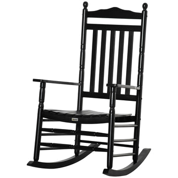 Wooden Outdoor Rocking Chair, Patio Rocking Chair with Slatted High Back and Armrests for Porch, Garden, Lawn, Black
