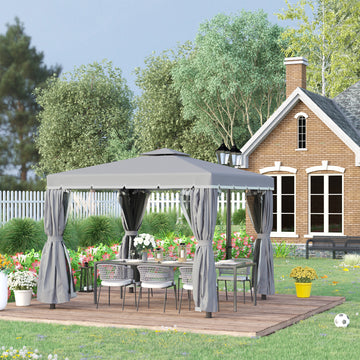 10' x 10' 2-Tier Outdoor Gazebo Canopy Tent with Zippered Mesh Sidewalls, Aluminum Frame for Patio, Backyard