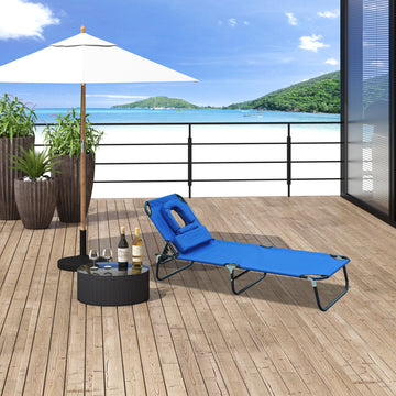 Folding Outdoor Lounge Chair, Portable Reclining Beach Lounger with Face Hole, Detachable Pillow, 4-Position Adjustable Backrest, For Patio, Garden, Poolside, Blue