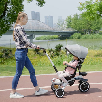 6-in-1 Toddler Tricycle for 12-50 Months, Foldable Kids Trike with Adjustable Seat and Push Handle, Safety Harness, Removable Canopy, Footrest, Grey