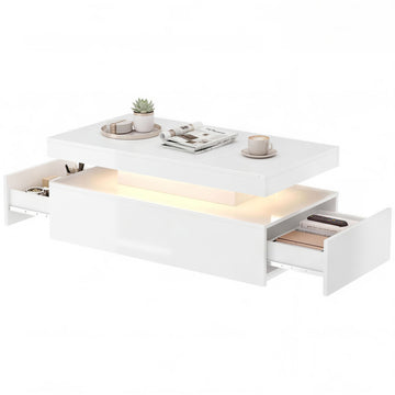 LED Coffee Table with Storage, 2-Tier Modern Center Table with 2 Drawers for Living Room, High Gloss White