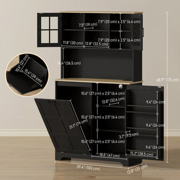 Kitchen Pantry Cabinet with Charging Station, 7 Gallon Trash Can Cabinet, Adjustable Shelves and Acrylic Doors, Black