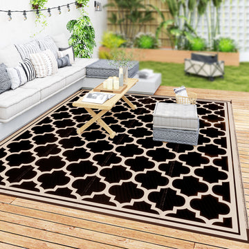 9'x12' Reversible Outdoor RV Rug, Patio Floor Mat, Plastic Straw Rug for Backyard, Deck, Beach, Camping, Black