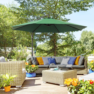 9.7ft Offset Patio UmbrellaCantilever Parasol with Crank Handle, 8 Ribs and Cross Base for Outdoor, Sun Shade, Green