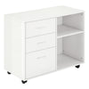 Modern Lateral Filing Cabinet, 3 Drawer File Cabinet for Letter and A4 Size Documents, Mobile, Printer Stand with Open Shelves, Rolling Wheels, White