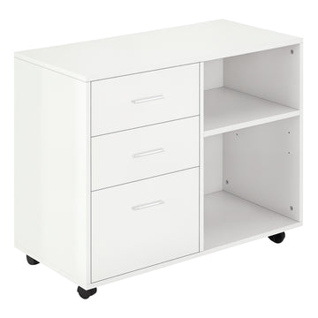 Modern Lateral Filing Cabinet, 3 Drawer File Cabinet for Letter and A4 Size Documents, Mobile, Printer Stand with Open Shelves, Rolling Wheels, White