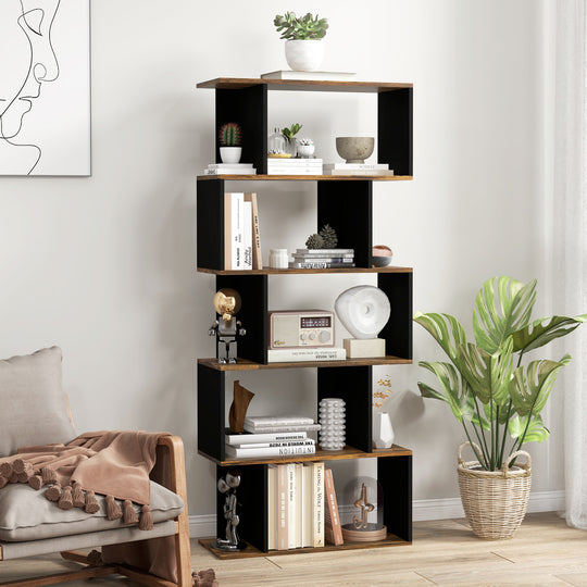 5-Tier Bookshelf, Geometric S Shaped Bookcase, Tall Narrow Display Shelf for for Living Room, Study Room, Rustic Brown