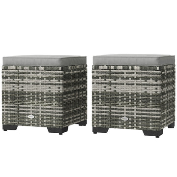 Set of 2 Wicker Ottoman, Outdoor Footstool with Storage & Removable Cushions for Poolside, Patio, Deck, Grey