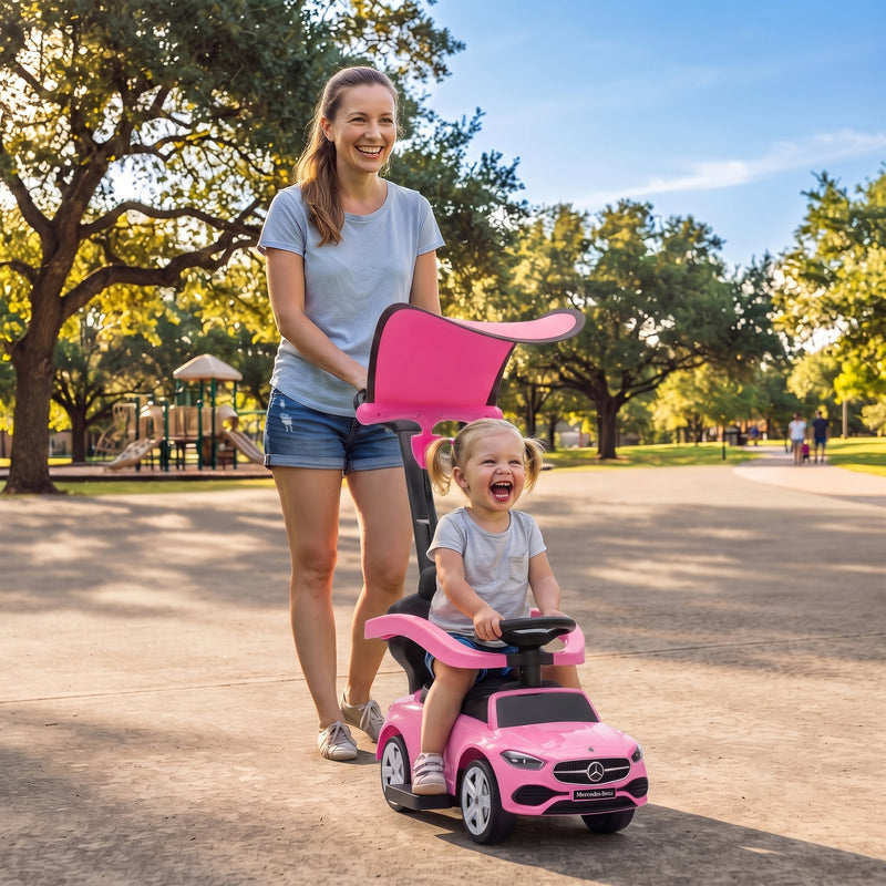 Qaba 3 in 1 Toddler Push Car Licensed Mercedes-Benz with Push Handle, Canopy, Guardrails, Horn, Music for 18-36 Months, Pink