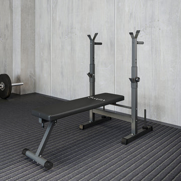 Soozier Adjustable Weight Bench, Foldable Bench Press with Barbell Rack and Dip Station for Home Gym, Strength Training Multiuse Workout Bench, Black and Grey