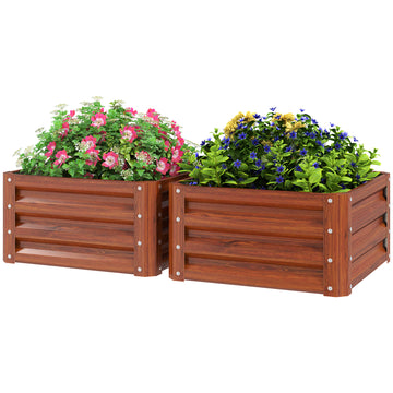 2' x 2' x 1' 2-Pieces Raised Garden Bed w/ Galvanised Steel Frame for Vegetables Flowers Herbs, Dark Brown Wood Effect