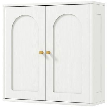 Medicine Cabinet, Modern Bathroom Wall Cabinet with 2 Arched Doors and Gold Handles, White Wood Grain