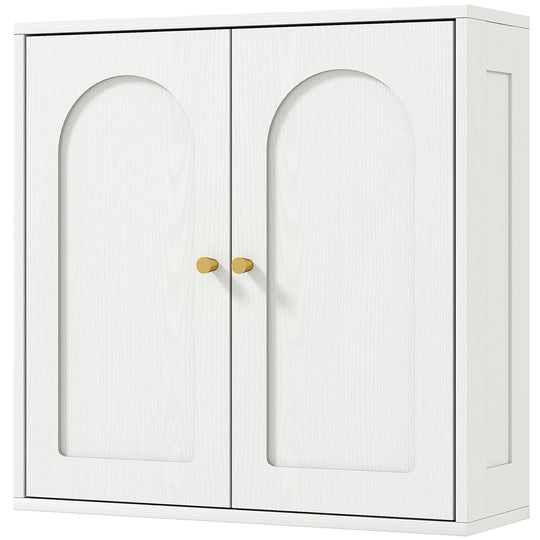 Medicine Cabinet, Modern Bathroom Wall Cabinet with 2 Arched Doors and Gold Handles, White Wood Grain