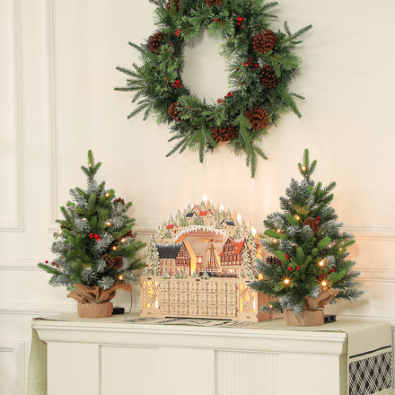 Set of 2 2ft Pre-Lit Artificial Christmas Trees with 20 Warm White Lights and 141 Tips, Burlap Base, Xmas Tree, Green