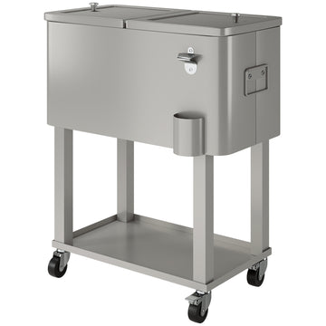 60 Quart Rolling Outdoor Cooler, Portable Rolling Patio Cooler Cart with Locking Wheels, Storage Shelf, Silver