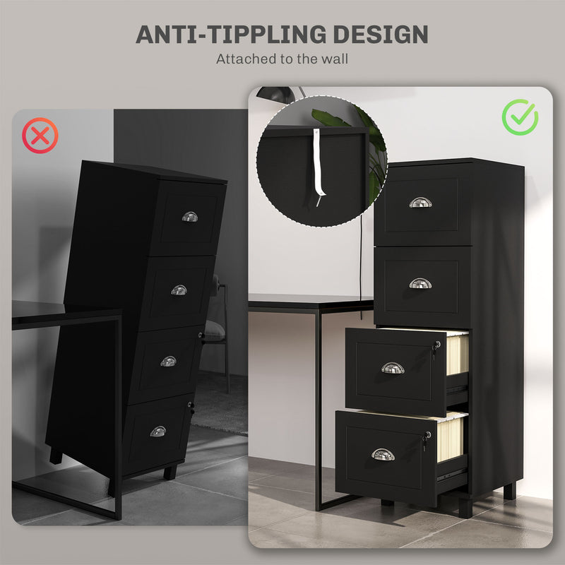 4 Drawer File Cabinet with Lock, Office Filing Cabinet, A4 Letter Size, Hanging File Folders, White