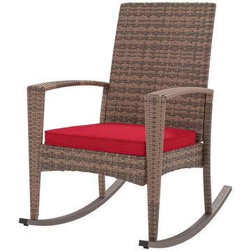 Outdoor PE Rattan Rocking Chair, Garden Glider Rocking Chair, Wicker Patio Chair Set with Armrest and Cushion, Wine Red