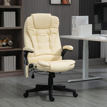 Office Chair Adjustable Heated Ergonomic Massage Swivel Vibrating High Back Leather Executive Chair Office Furniture (Beige)